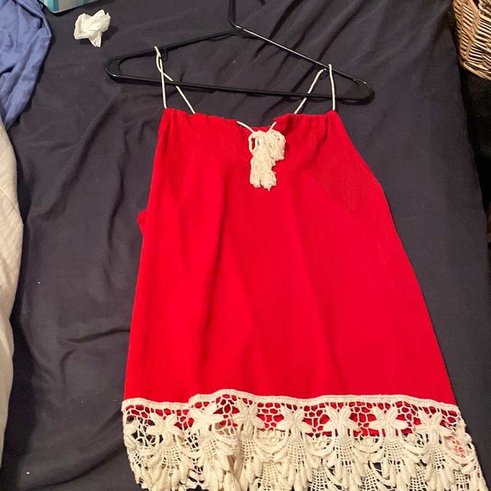 Red halter top ADORABLE! Crochet lace at bottom of top. Never been worn.